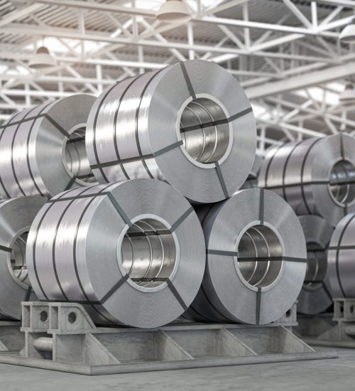 Rolls of metal sheet. Zinc, aluminium or steel sheet rolls on warehouse in factory. 3d illustration